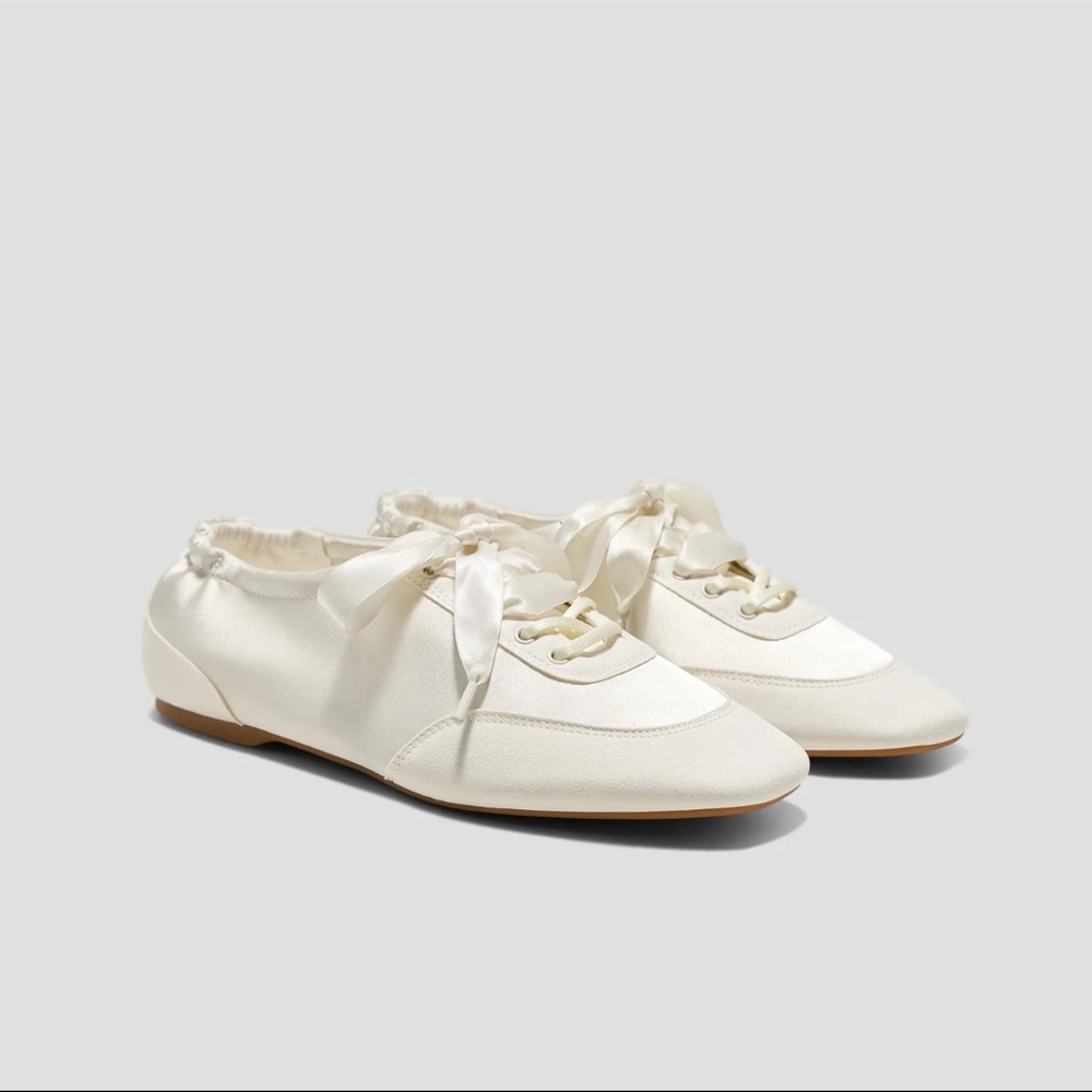 Vivaia Cristina Square-Toe Lace-Up Satin Sneakerina in Light Gold Size 9